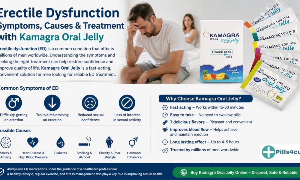 Kamagra Oral Jelly infographic showing erectile dysfunction symptoms, causes, treatment benefits, and fast-acting sildenafil oral jelly by Pills4Cure.