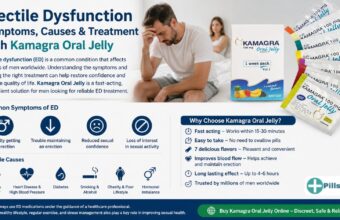 Kamagra Oral Jelly infographic showing erectile dysfunction symptoms, causes, treatment benefits, and fast-acting sildenafil oral jelly by Pills4Cure.