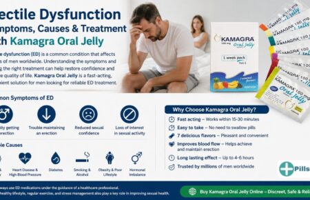Kamagra Oral Jelly infographic showing erectile dysfunction symptoms, causes, treatment benefits, and fast-acting sildenafil oral jelly by Pills4Cure.