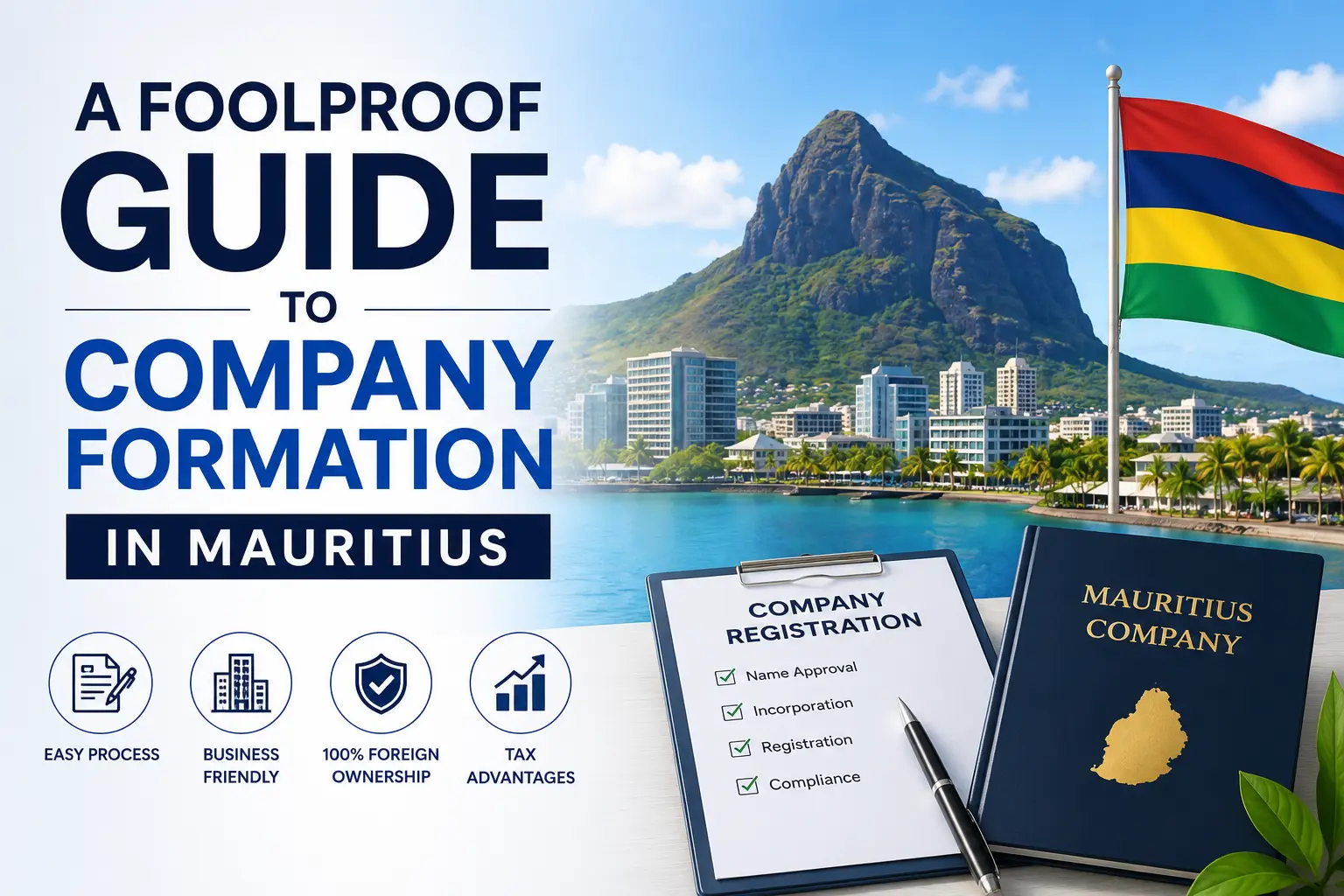 A Foolproof Guide to Company Formation in Mauritius with business registration checklist and Mauritius skyline